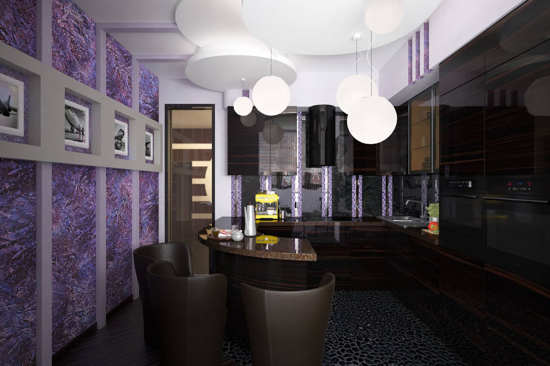 Стена в кухне выполнена из обоев лилового оттенка с перламутровым отливом