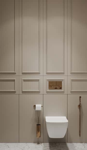 Филёнчатые фасады рифмуются с отделкой дверей и задают пространству ритмичность