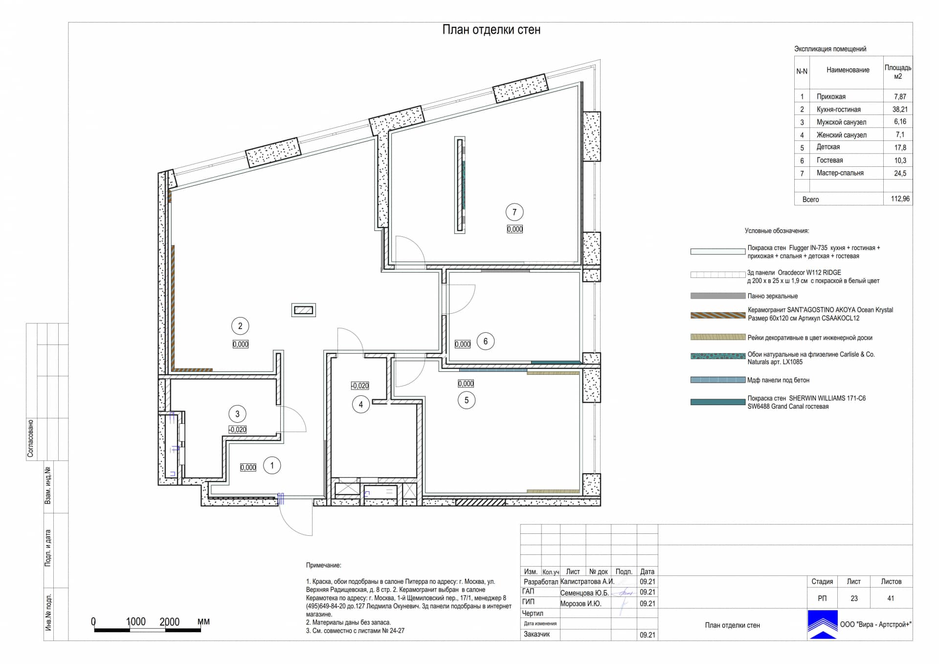 План отделки стен, квартира 114 м² в ЖК «Wellton Park»