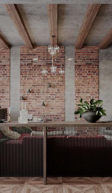 Вставки кирпичной кладки, панно из реек и фальш-балки формируют достаточно жёсткий характер интерьера