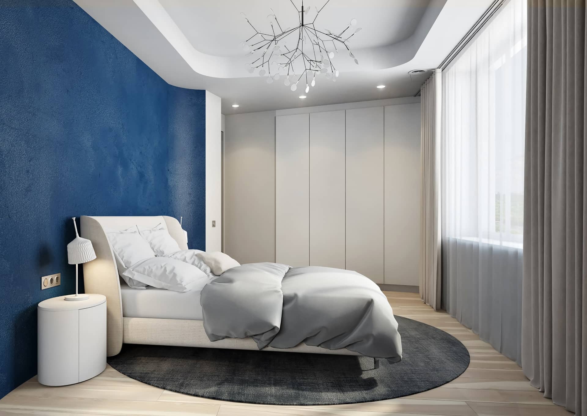 Спальня со стеной синего цвета в стиле минимализм