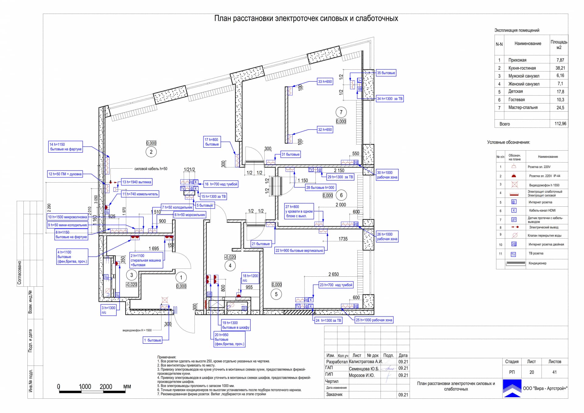 План расстановки электроточек силовых и слаботочных, квартира 114 м² в ЖК «Wellton Park»