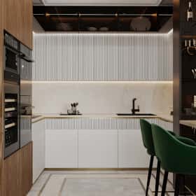 Фотографии гостиных. Современная роскошь. Дизайн и ремонт квартиры 111м2 ЖК Павелецкая сити в современном стиле. Кухня-столовая, фото 07.