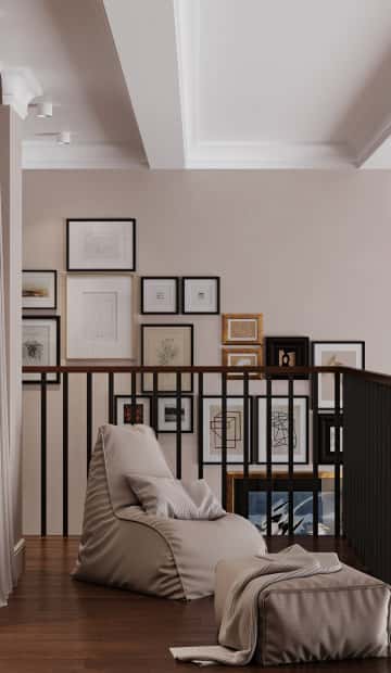 Квартира с мезонином. Дизайн и ремонт квартиры 89м2 ЖК Джаз в современном. Спальня на антресоле, фото 06