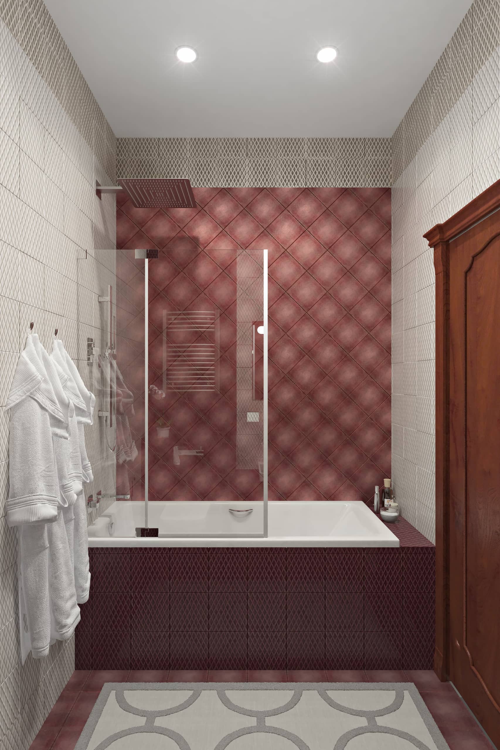Бардовая плитка в ванной комнате придает ей света