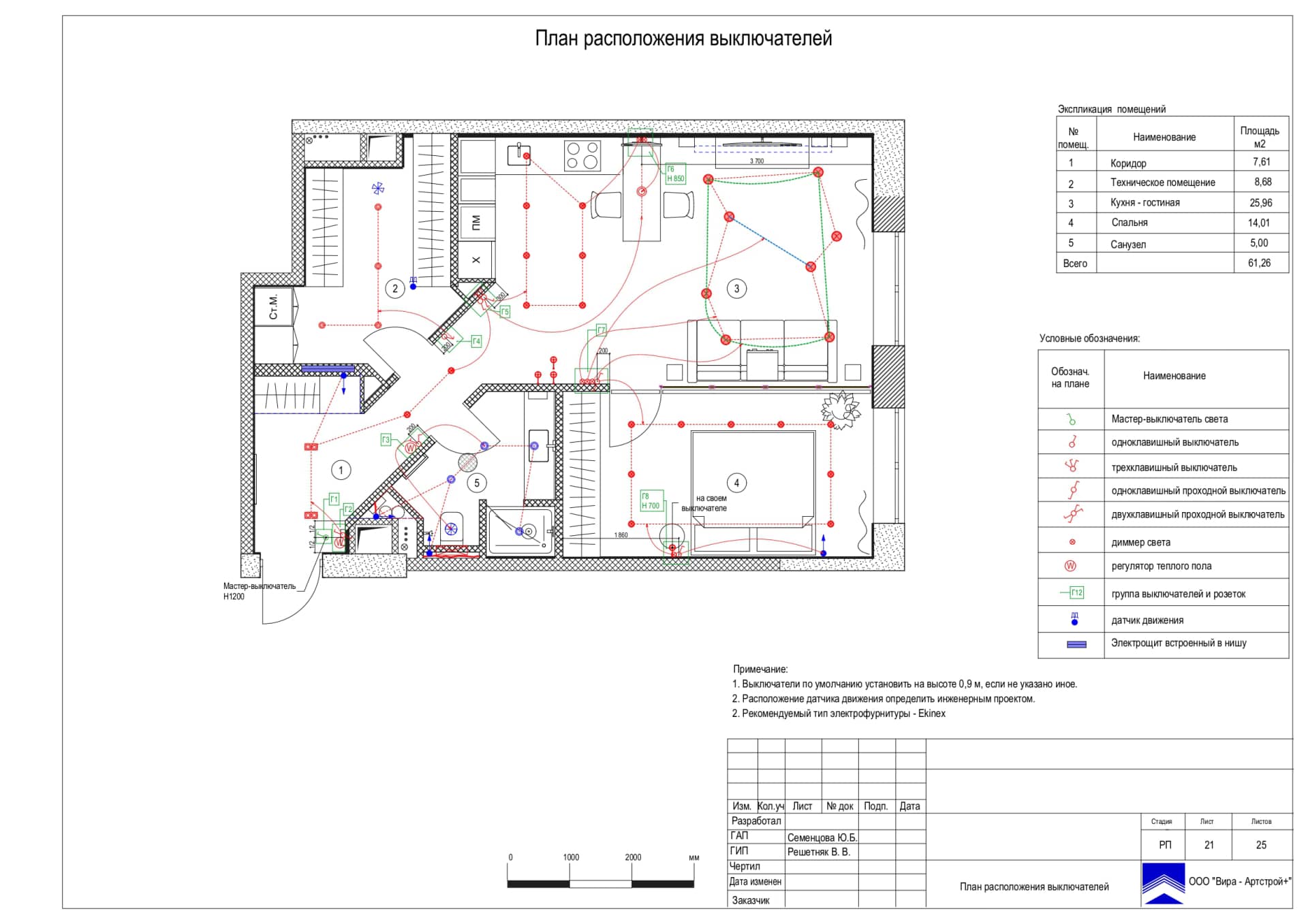 План расположения выключателей, квартира 62 м² в ЖК «Дом NV/9»