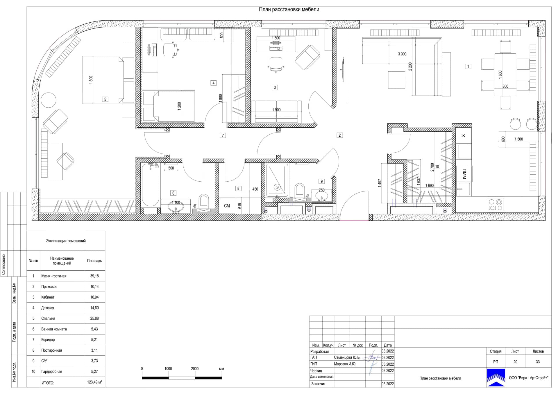 План расстановки мебели, квартира 124 м² в ЖК «Композиция № 24»