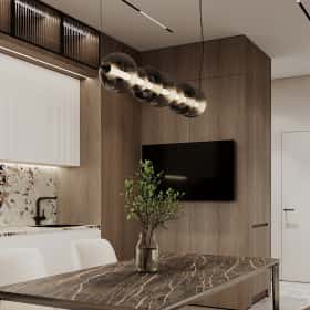 Тёплая гармония. Дизайн и ремонт квартиры 69м2 ЖК Большая семерка в современном стиле. Кухня-гостиная, фото 03