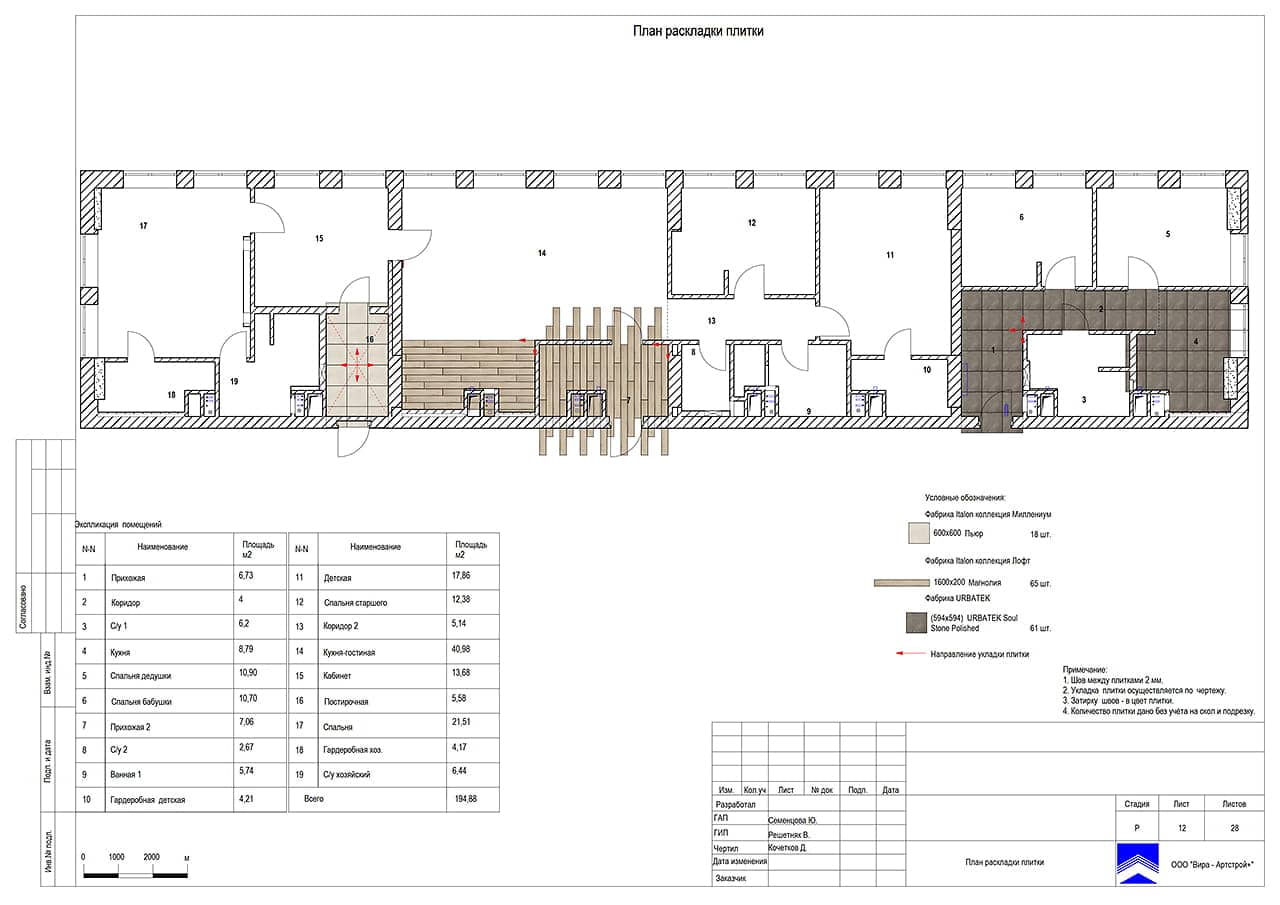 План раскладки плитки пола, квартира 150 м² в ЖК «Вандер Парк»