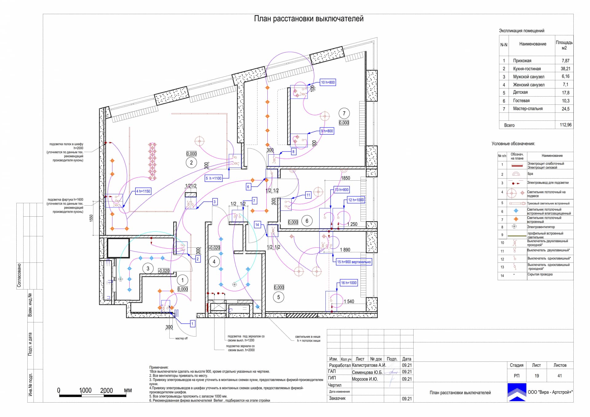 План расстановки выключателей, квартира 114 м² в ЖК «Wellton Park»