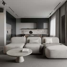 Изысканный монохром. Дизайн и ремонт таунхауса 164м2 в КП Бристоль в неоклассическом стиле. 1 этаж Кухня-гостиная, фото 01