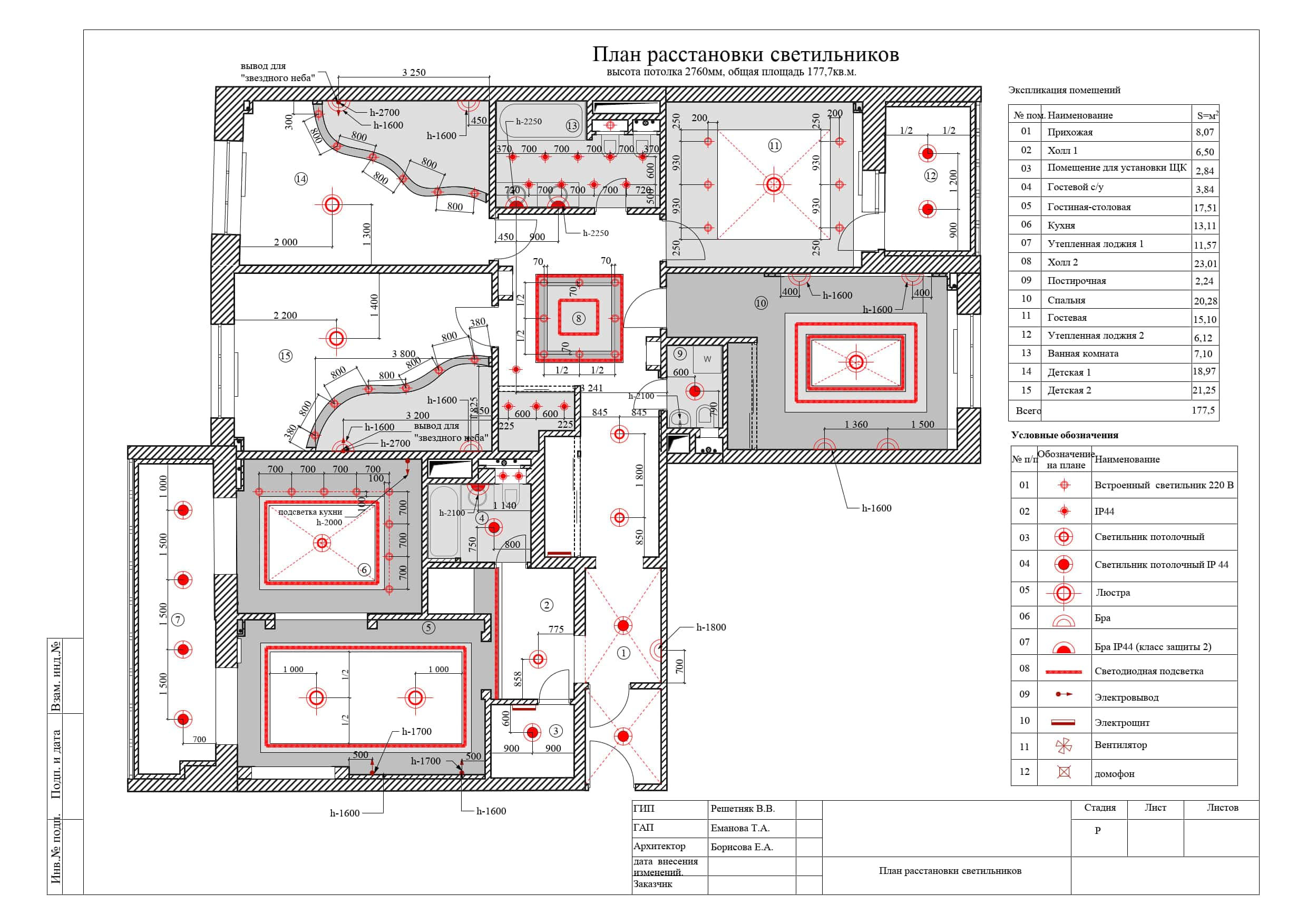 16. План расстановки светильников, квартира 175 м²