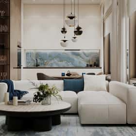 Фотографии кухонь-гостиных. Объятия моря. Дизайн и ремонт квартиры 91м2 ЖК Событие в современном эко-стиле.