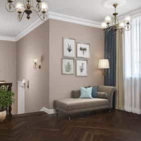 Классическая банкетка в коридоре с торшером, коваными люстрами и тёмным полом