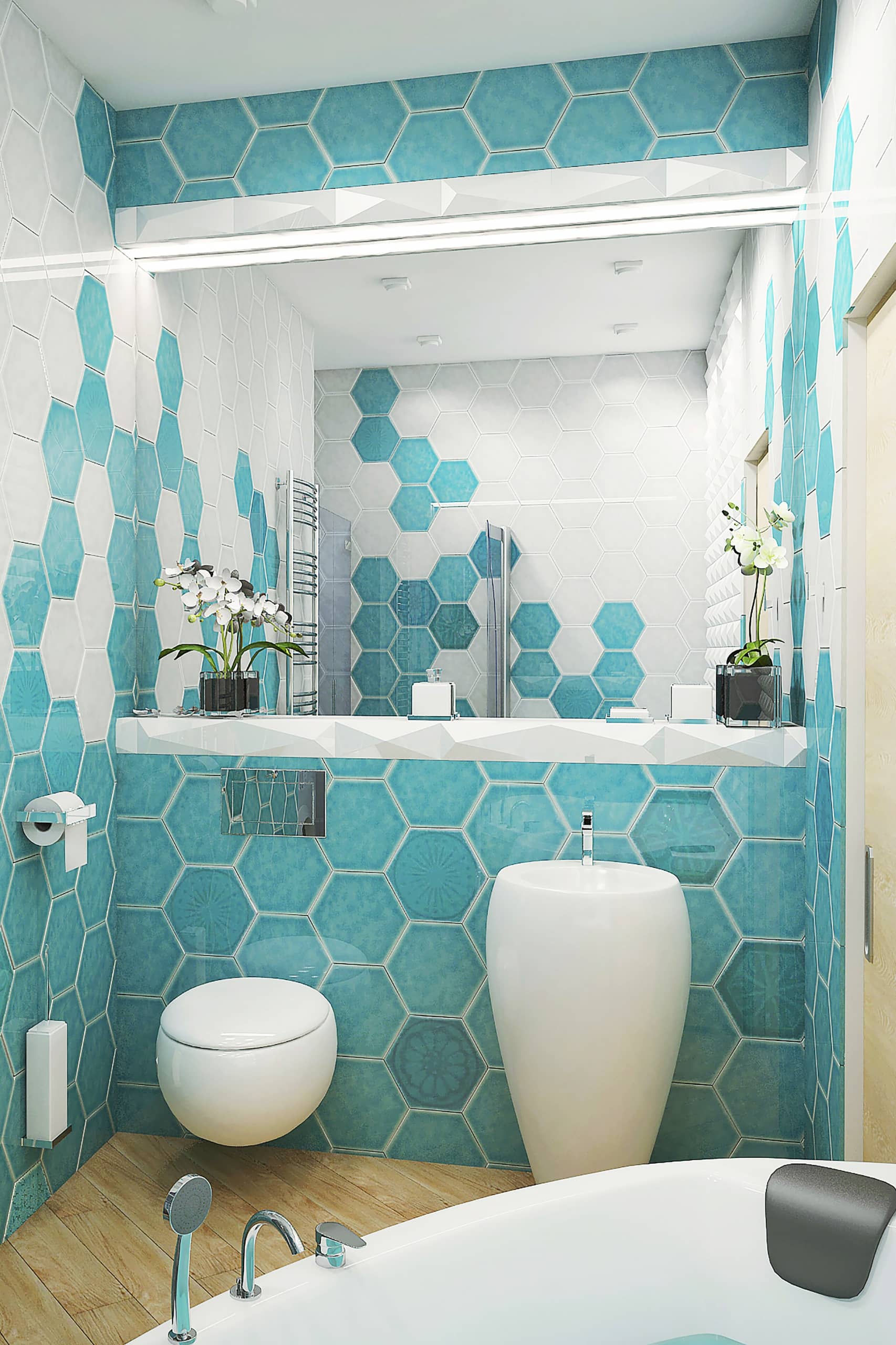 Шестиугольная плитка бирюзового цвета в ванной комнате