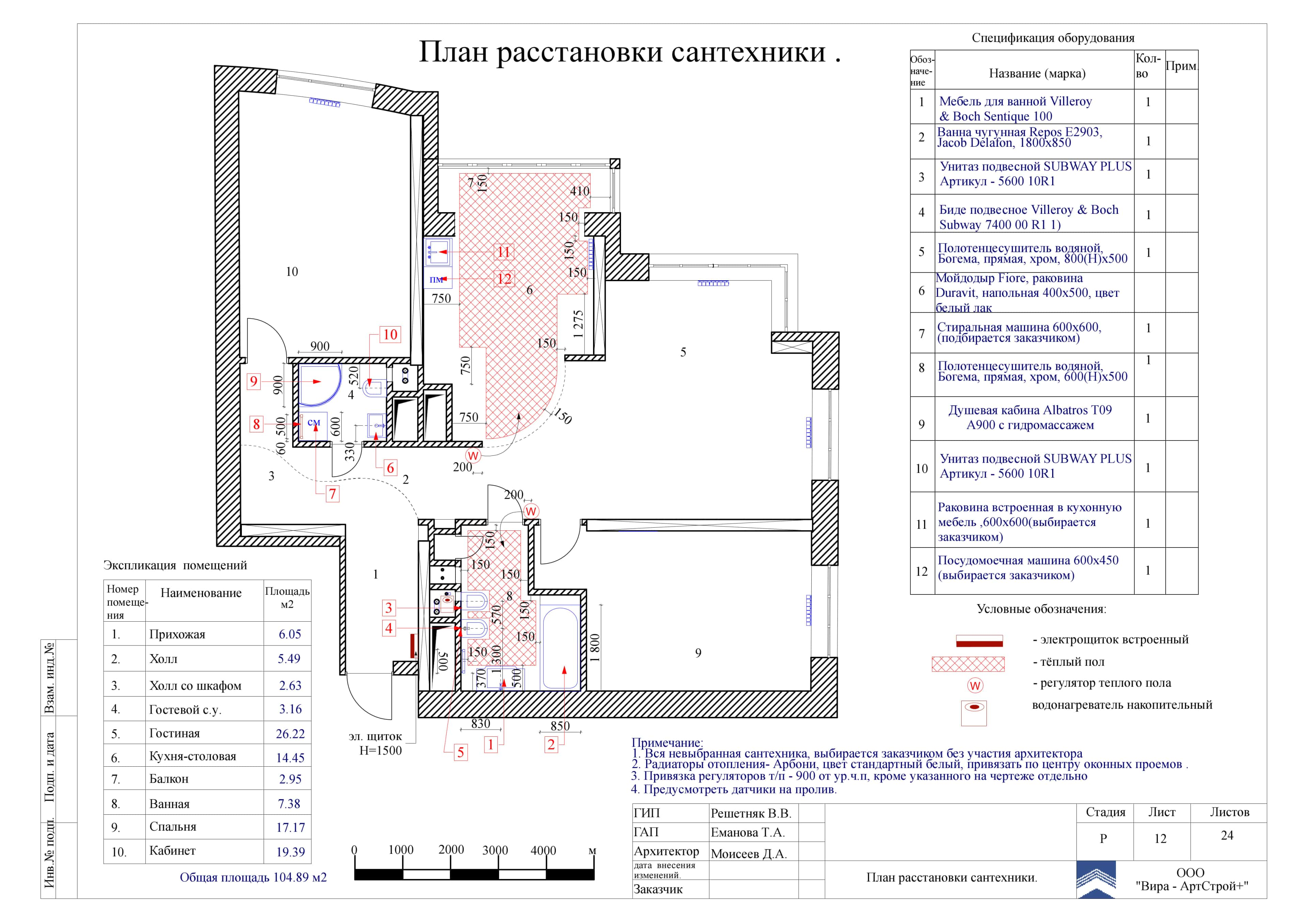 12. План расстановки сантехники, квартира 104 м² в ЖК «Янтарный город»