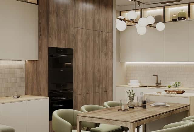 Фотографии кухонь-гостиных. В ожидании чуда. Дизайн и ремонт квартиры 84м2 ЖК Shagal в современном стиле. Кухня-гостиная, фото 07.