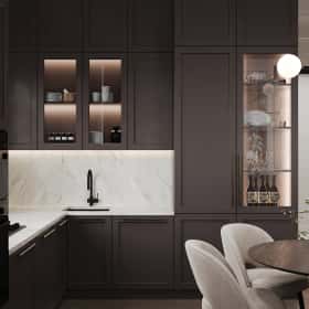 Фотографии помещений в американском стиле. Вариации классики. Дизайн и ремонт дома 177м2 КП Лесная симфония в американском стиле. 1 этаж Кухня-гостиная, фото 07.