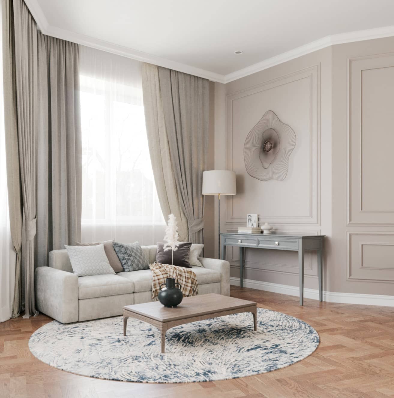 Оформление интерьера гостиной трехкомнатной квартиры в коричневый цвет в стиле современной классики. Фото № 62280.