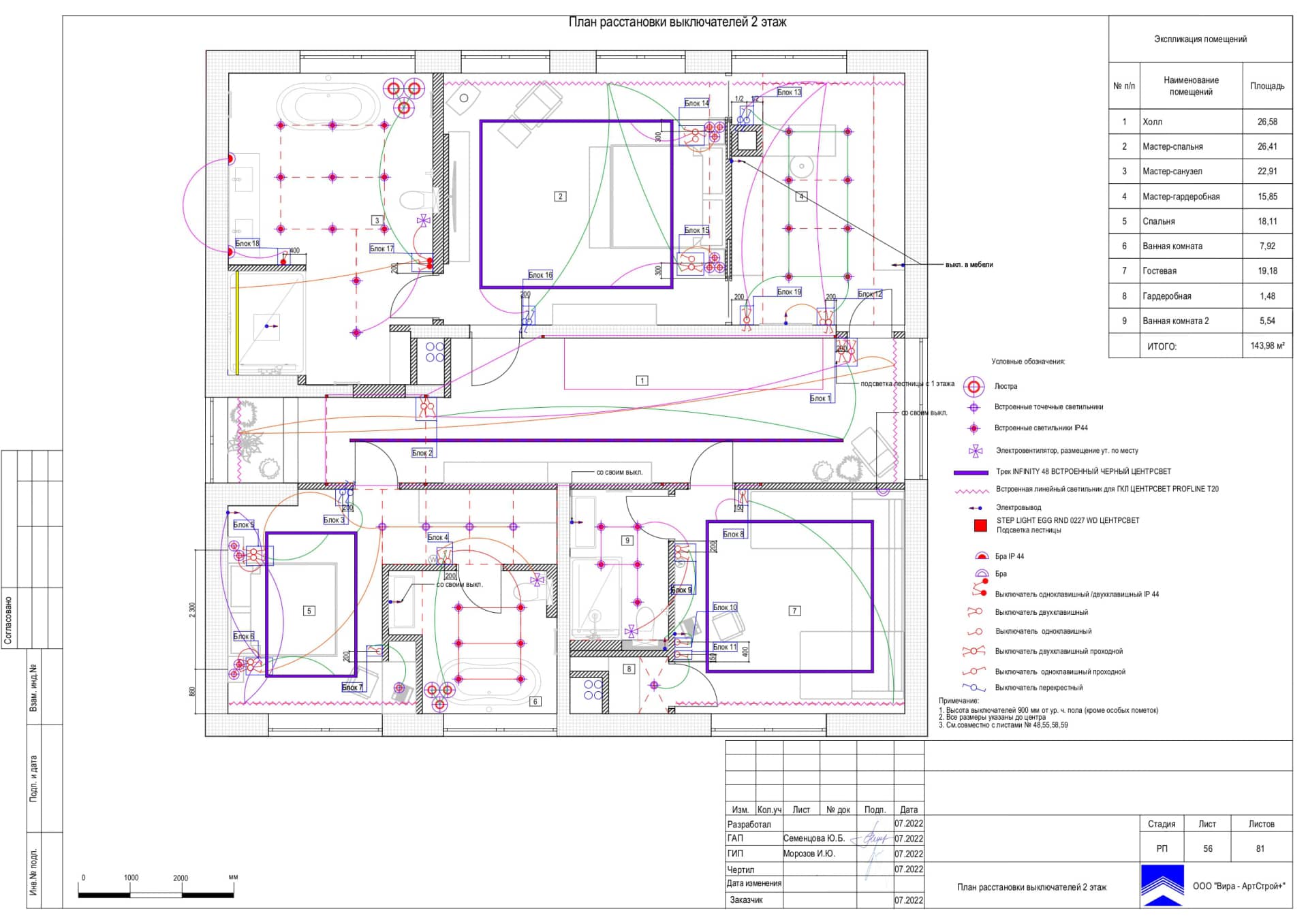 План расстановки выключетелей 2 этаж, дом 265 м² в КП «Новогорск Клаб»