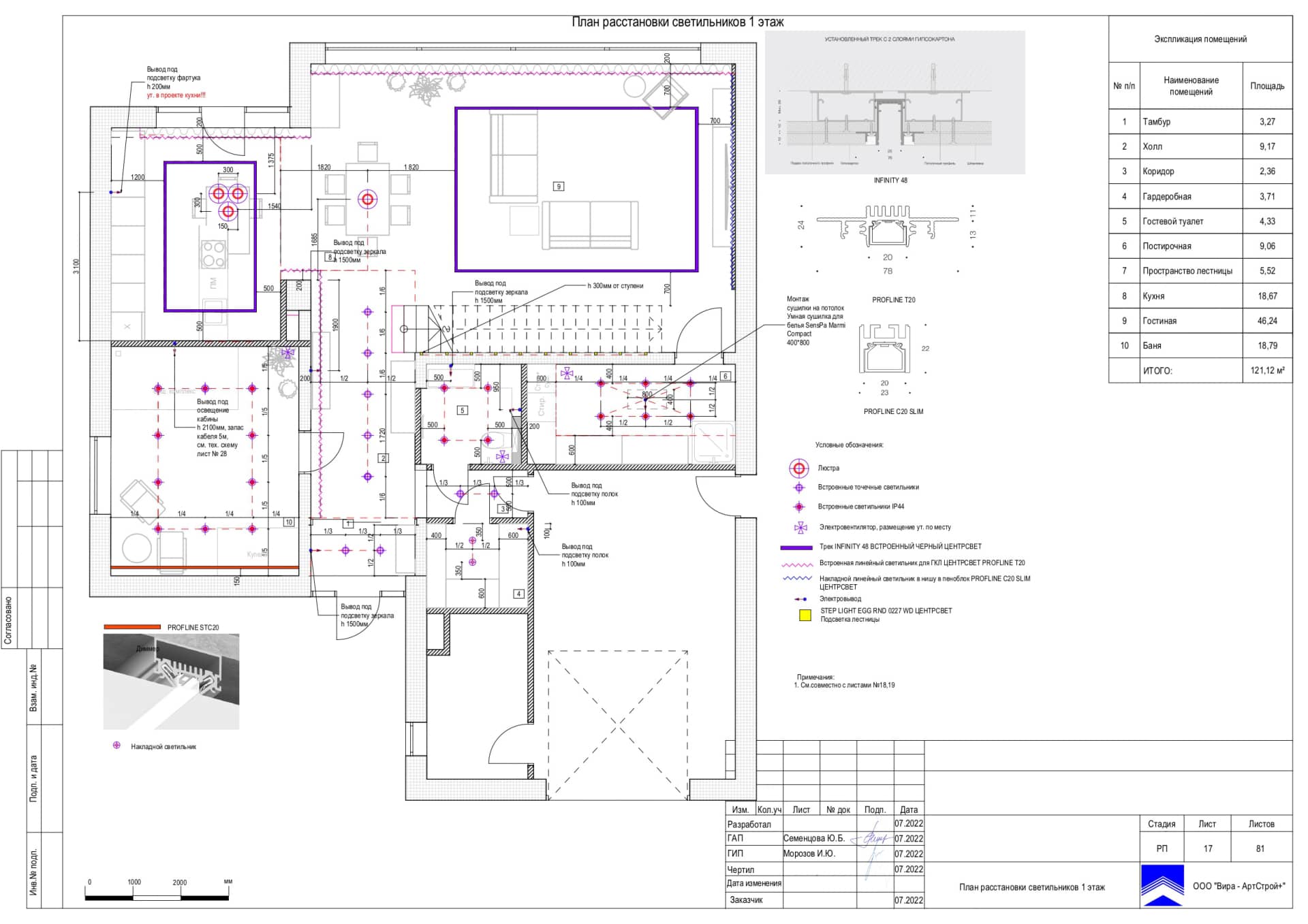 План расстановки светильников 1 этаж, дом 265 м² в КП «Новогорск Клаб»