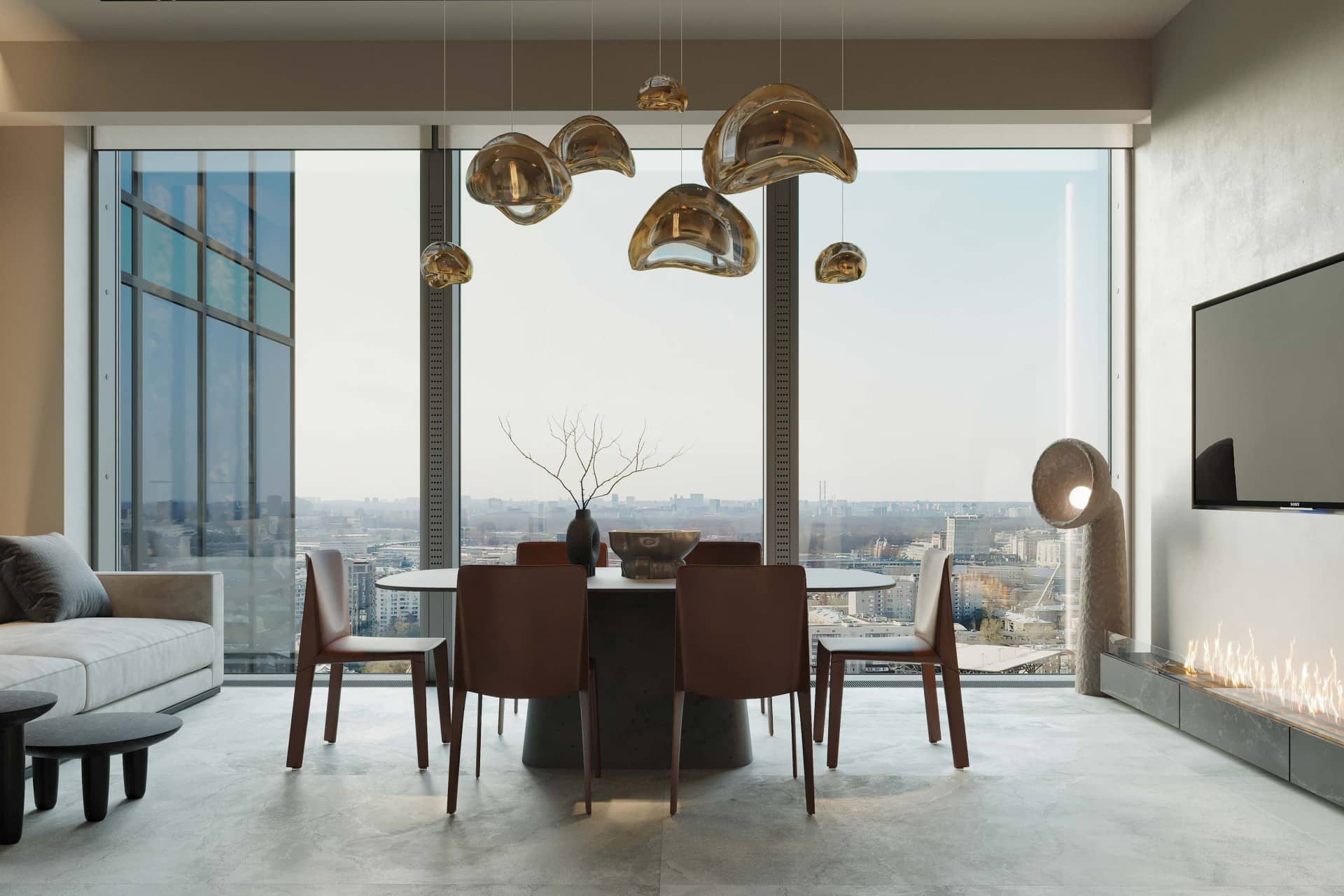 Оформление интерьера гостиной-кухни трехкомнатной квартиры в светло серый цвет в современном стиле. Фото № 63954.