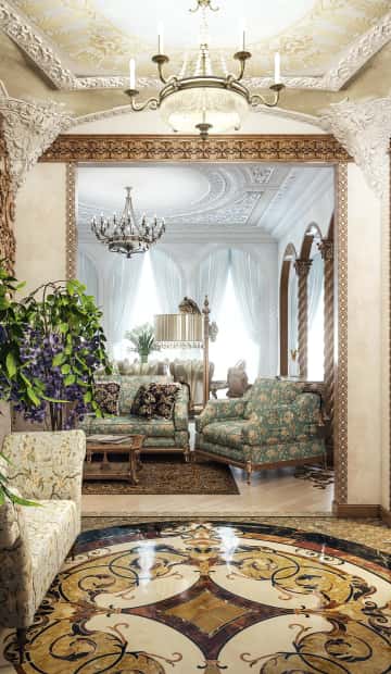 Открытая арка в гостиную с венецианскими узорами