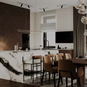 Высокие отношения. Дизайн и ремонт загородного дома 195м2 в КП Лесная поляна в современном стиле. 1 этаж Кухня-гостиная