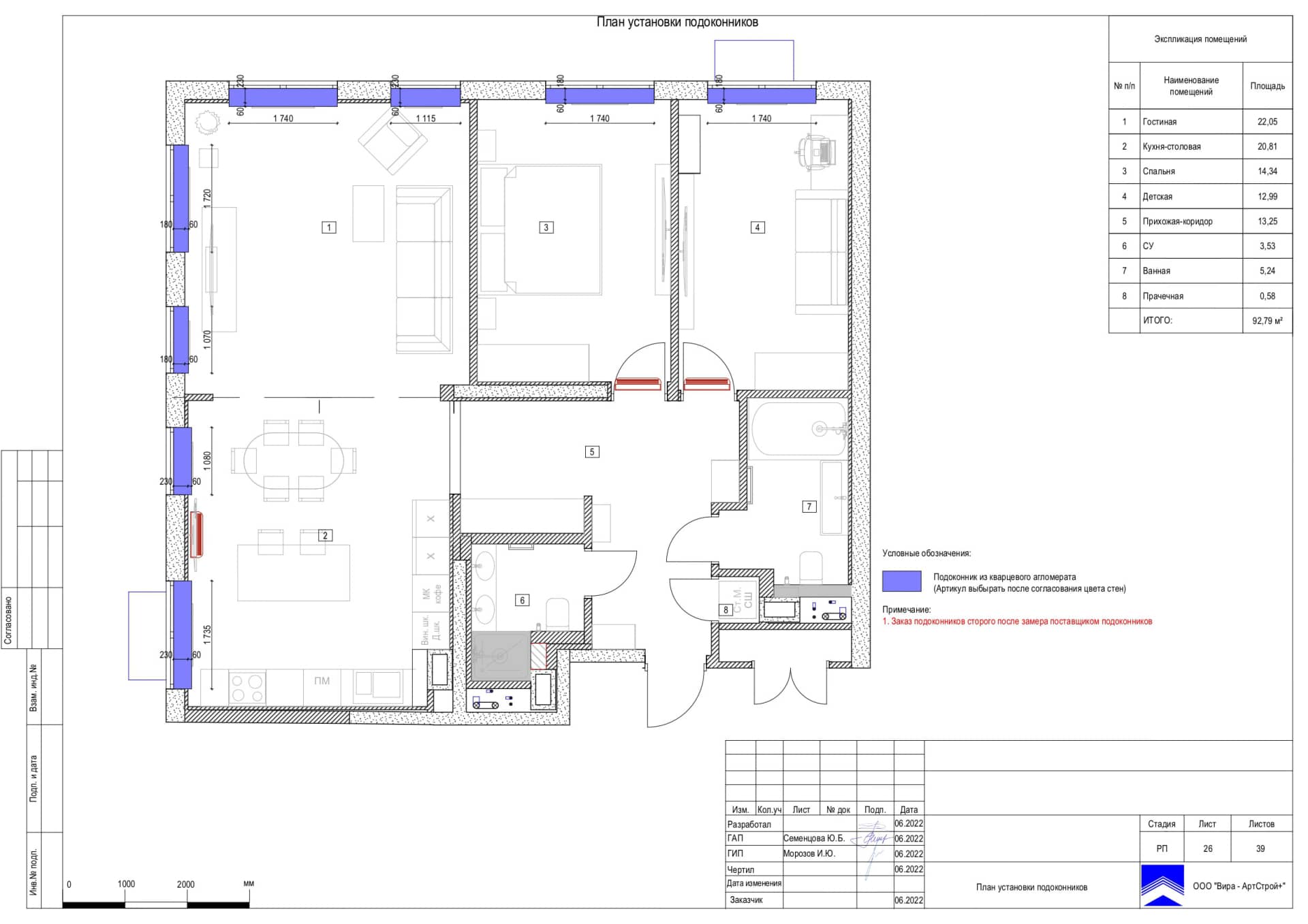 План установки подоконников, квартира 93 м² в ЖК «Домашний»