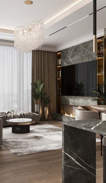 Ещё более нарядным интерьер гостиной сделали, установив на потолке хрустальную люстру