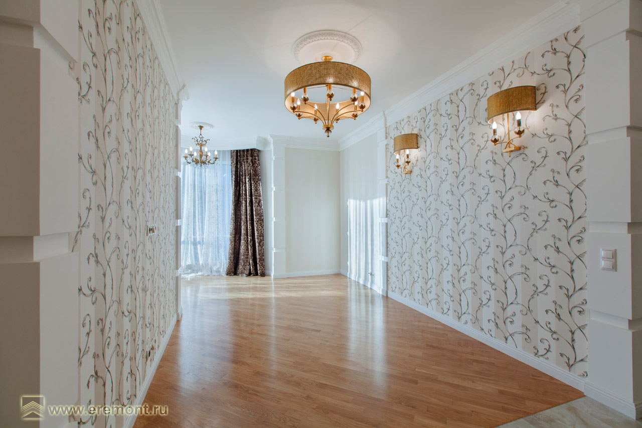 Оформление интерьера гостиной трехкомнатной квартиры в коричневый цвет в стиле современной классики. Фото № 42232.