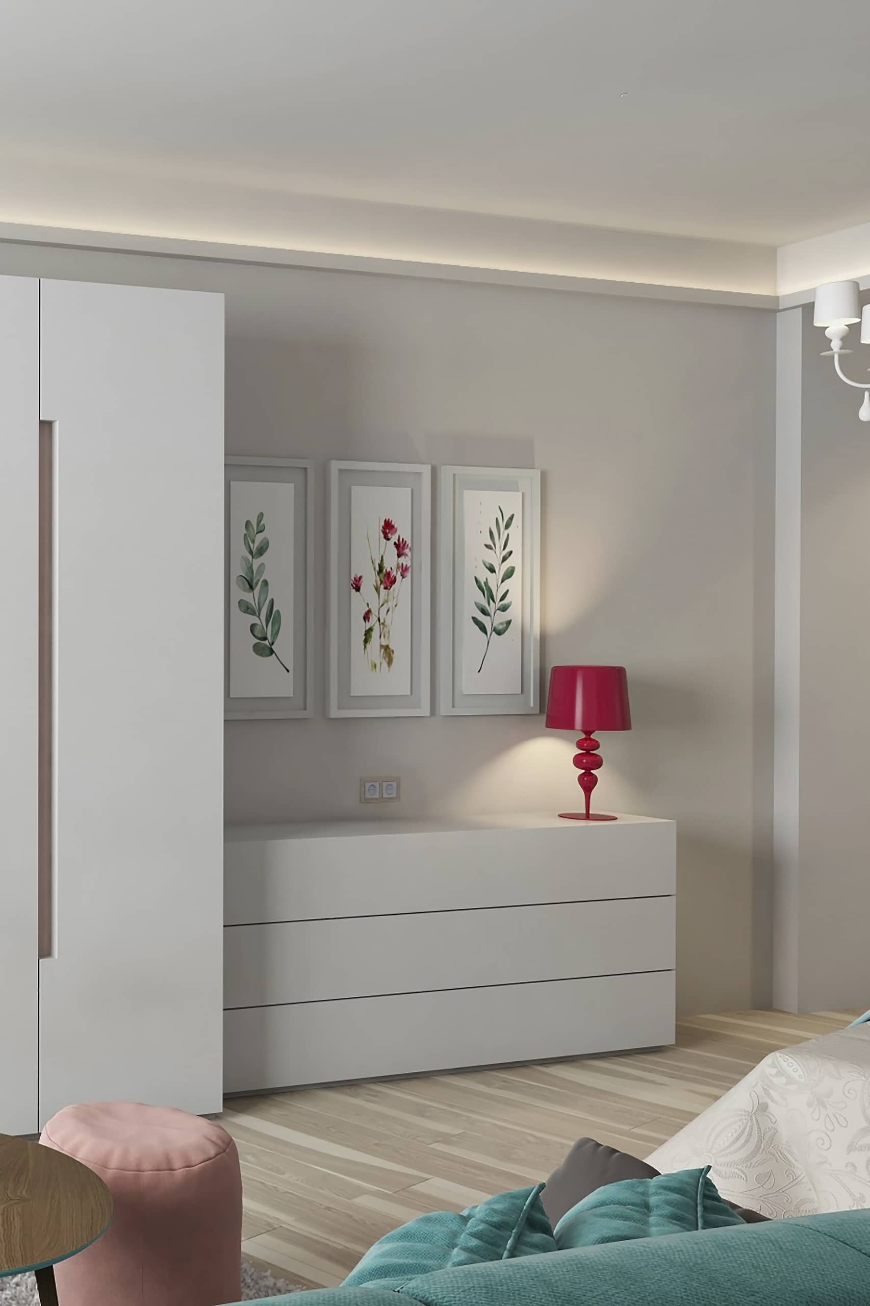 Лампа красивого бардового оттенка - выделяется на белом фоне спальни