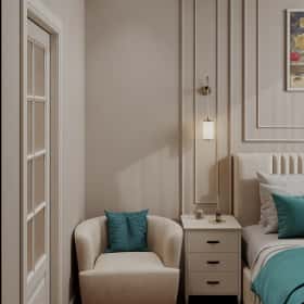 Фотографии спален. Квартира с мезонином. Дизайн и ремонт квартиры 89м2 ЖК Джаз в современном. Спальня, фото 01.