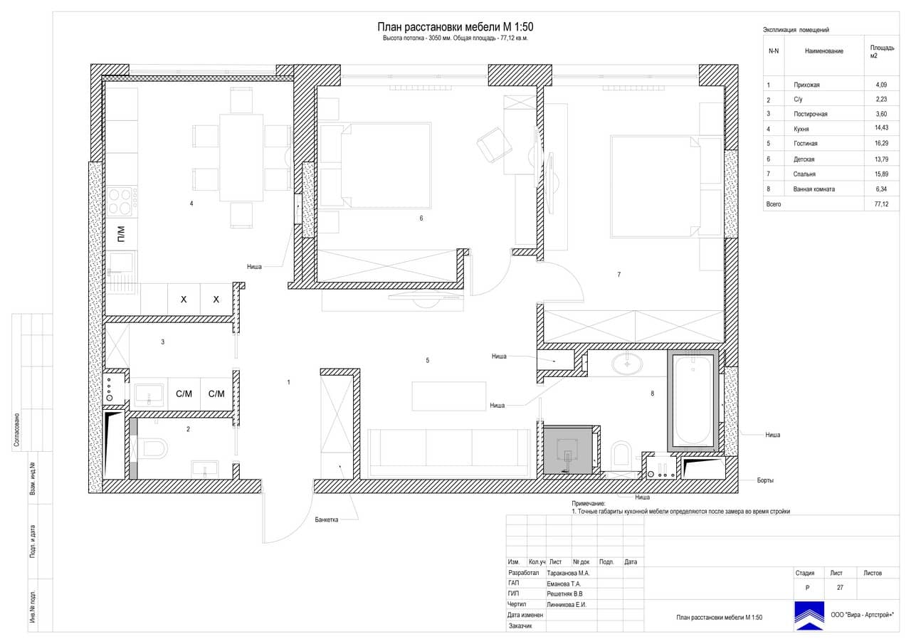 План расстановки мебели 50907, квартира 77 м² в ЖК «Наследие»