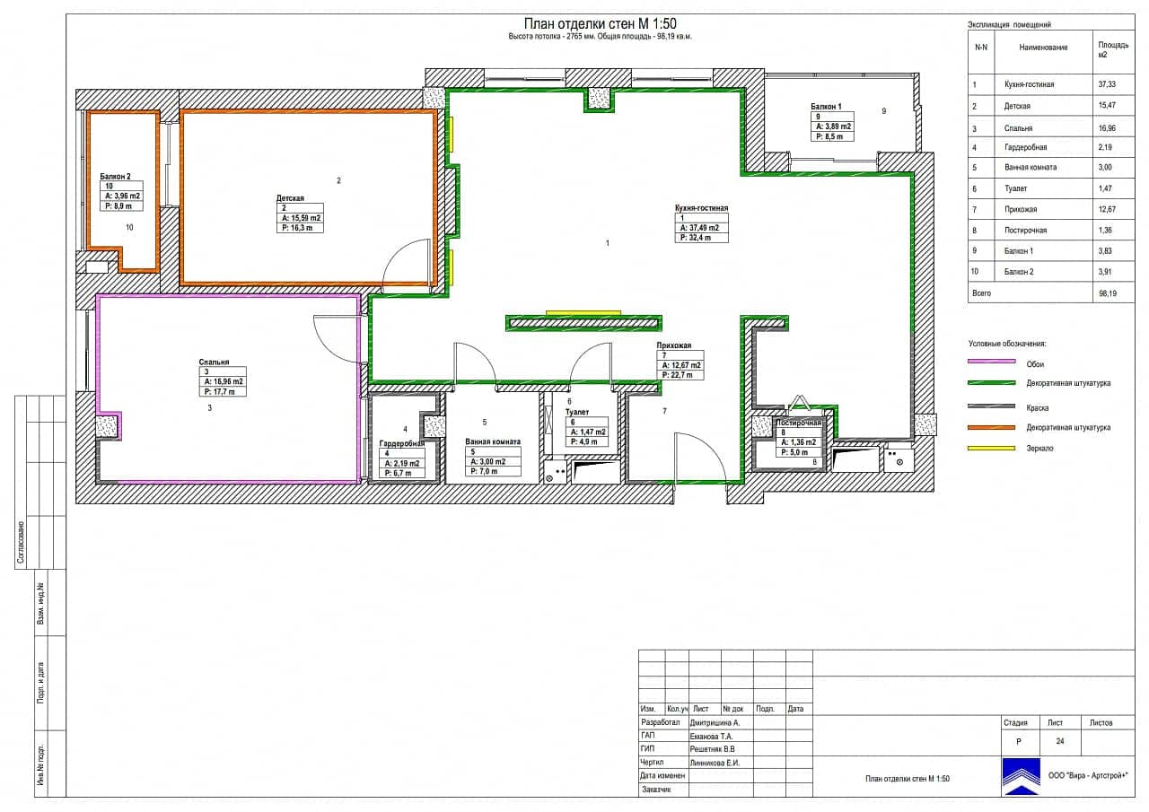 План отделки стен, квартира 98 м² в ЖК «Яуза Парк»