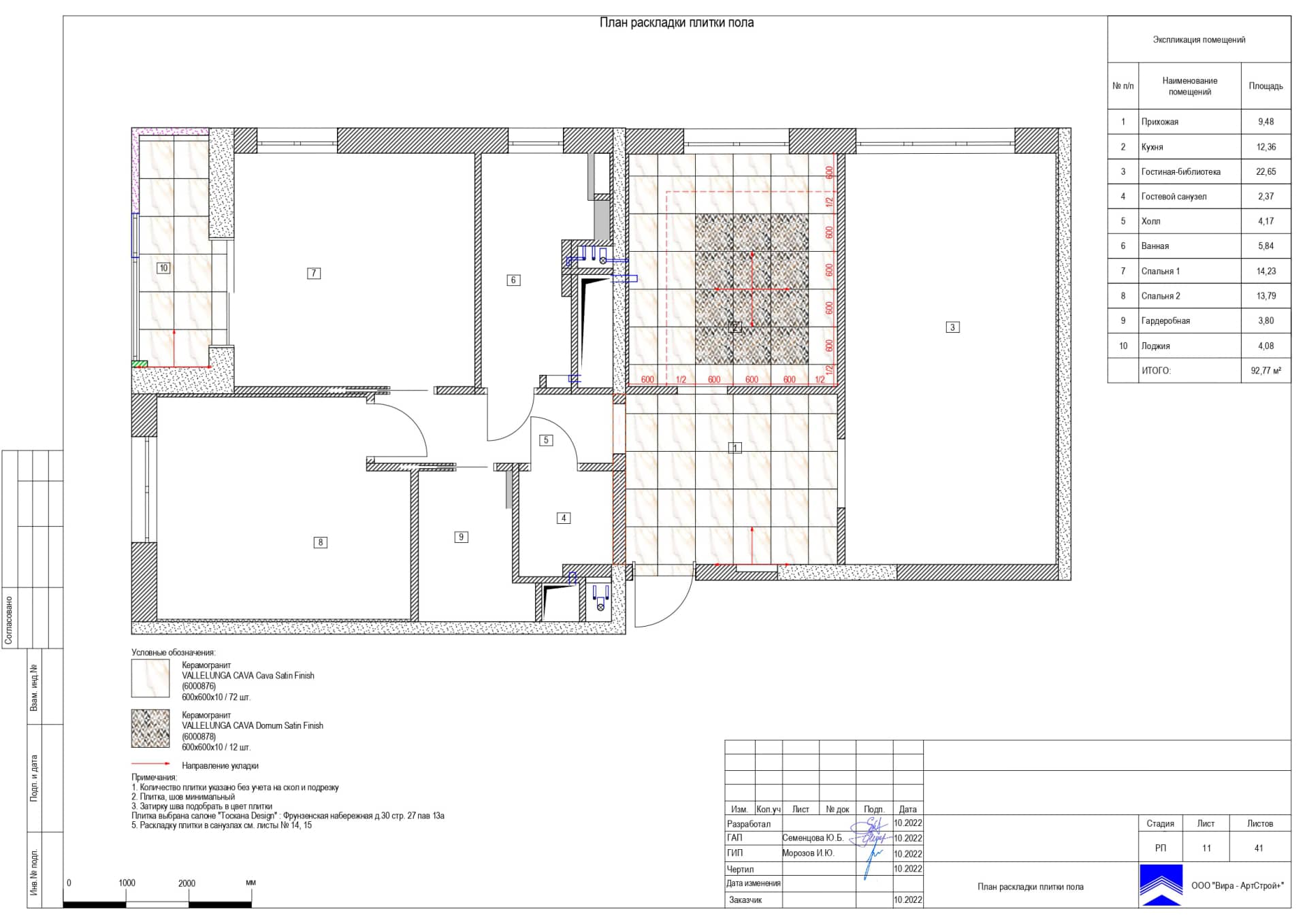 План раскладки плитки пола, квартира 93 м² в ЖК «Город на реке Тушино-2018»