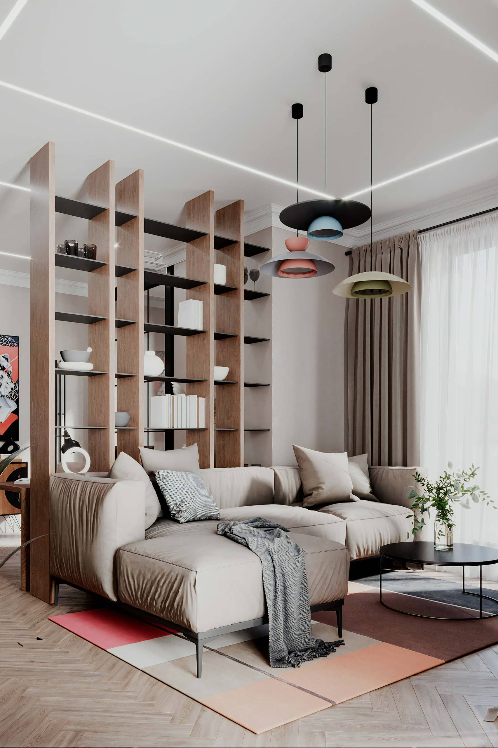 Оформление интерьера гостиной-кухни трехкомнатной квартиры в светло серый цвет в современном стиле. Фото № 67626.