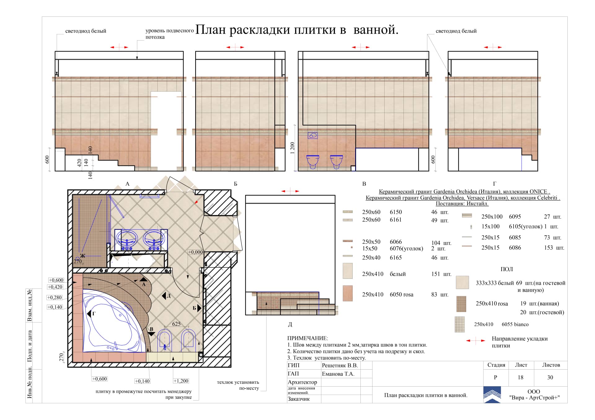 План раскладки плитки в ванной, квартира 132 м²