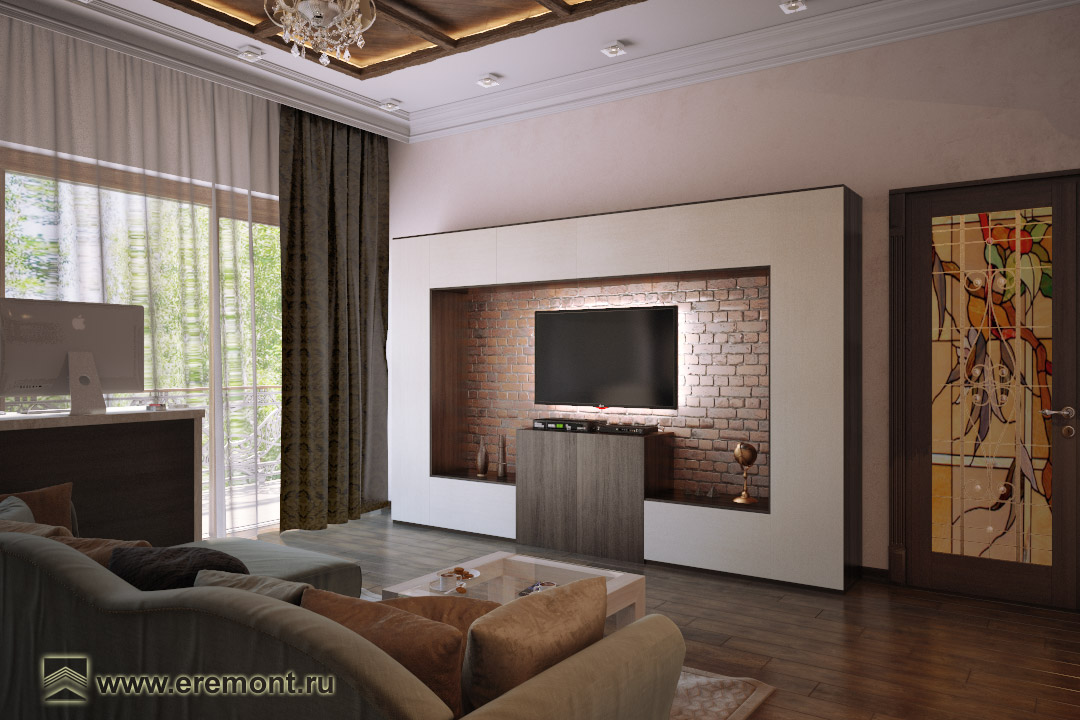 Оформление интерьера гостиной трехкомнатной квартиры в коричневый цвет в стиле современной классики. Фото № 46596.