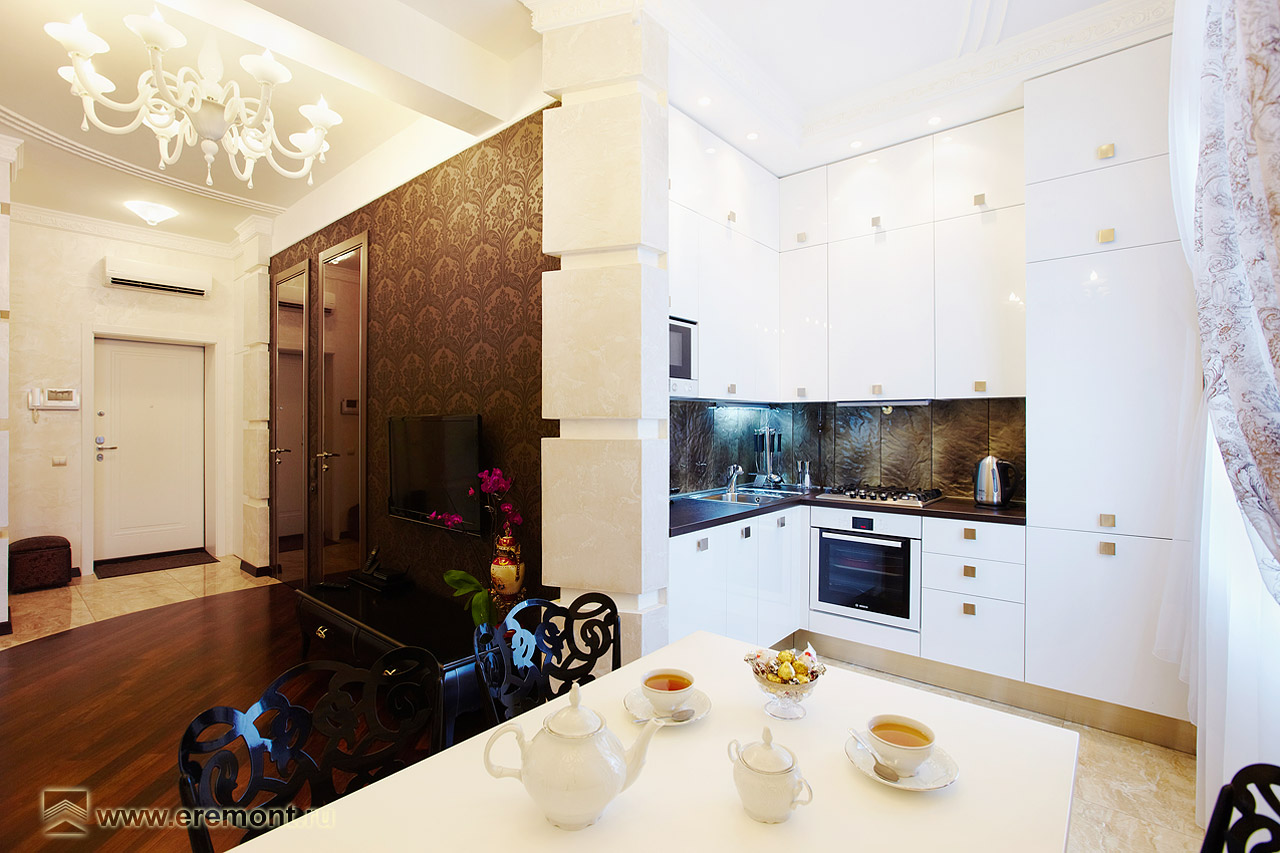 Оформление интерьера гостиной трехкомнатной квартиры в коричневый цвет в стиле современной классики. Фото № 35099.