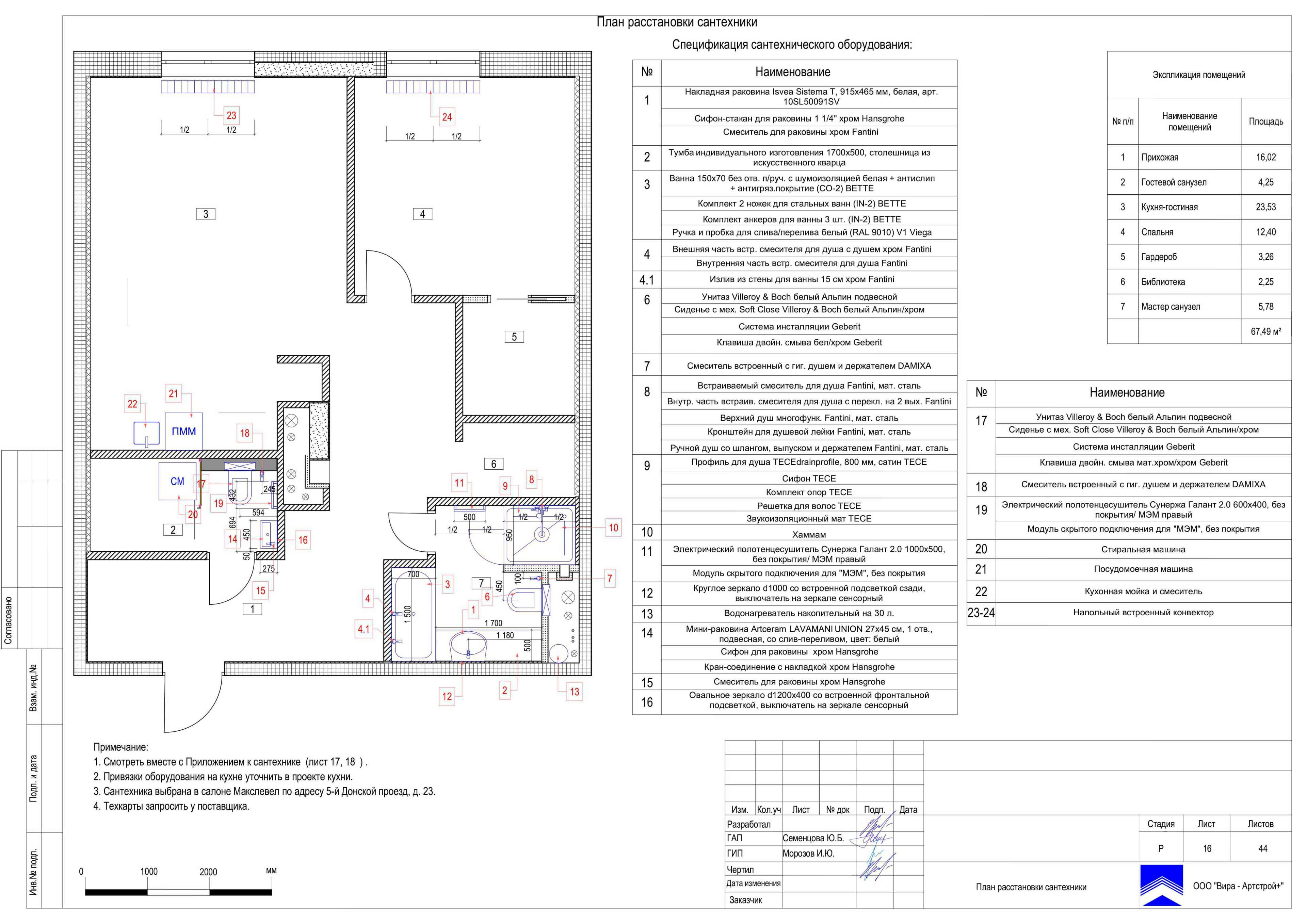 План расстановки сантехники, квартира 67 м² в ЖК «Царёв Сад»