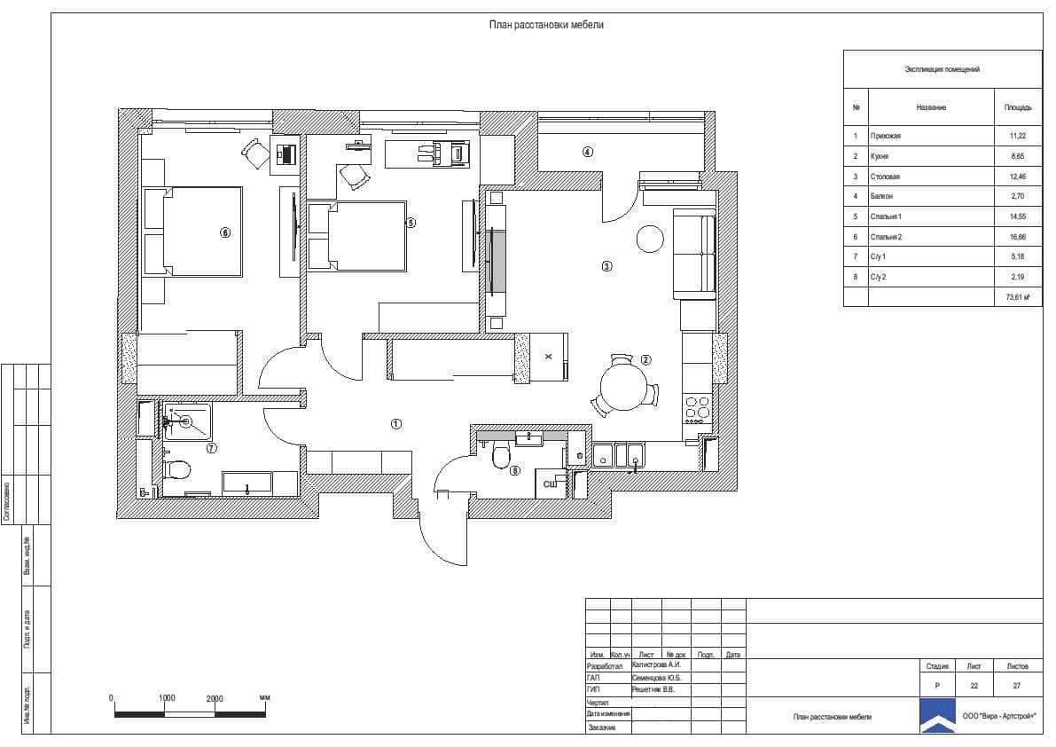 План расстановки мебели, квартира 74 м² в ЖК «Символ»