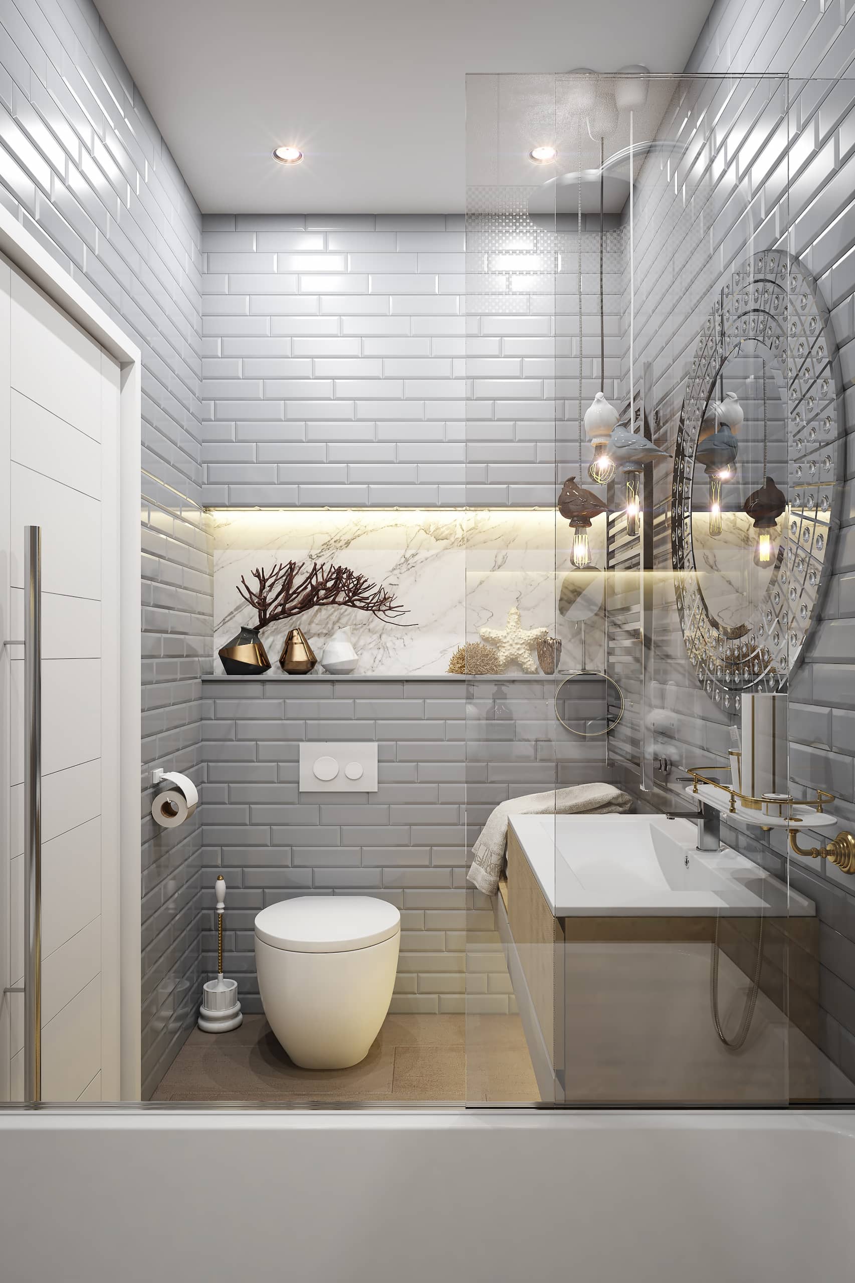 Ванная с плиткой в виде кирпичной стенки серого цвета