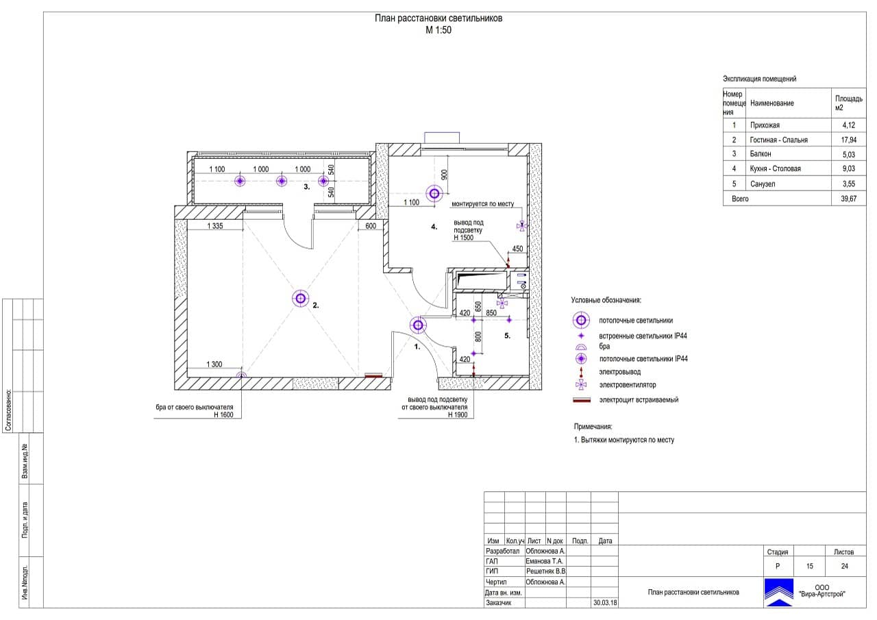 План расстановки светильников, квартира 40 м² в ЖК «Ривер Парк»