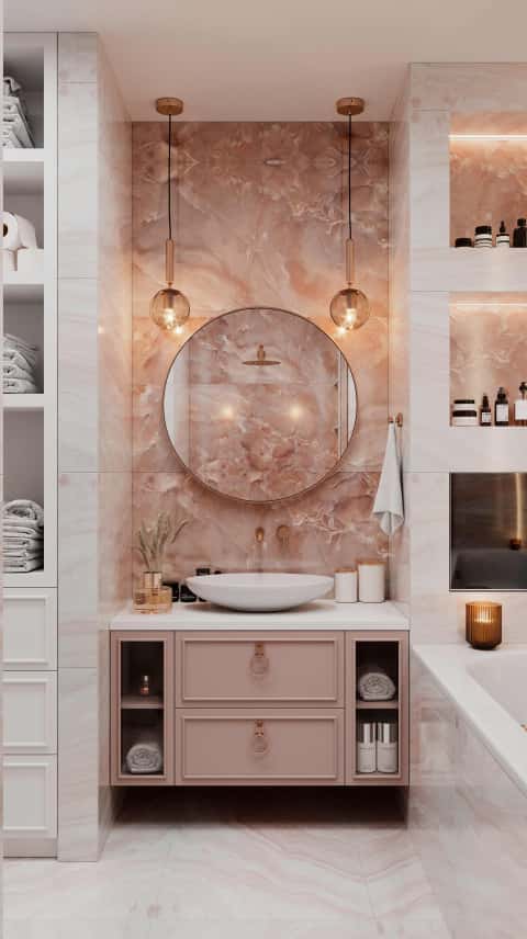 Отделка ванной комнаты. 46 фото