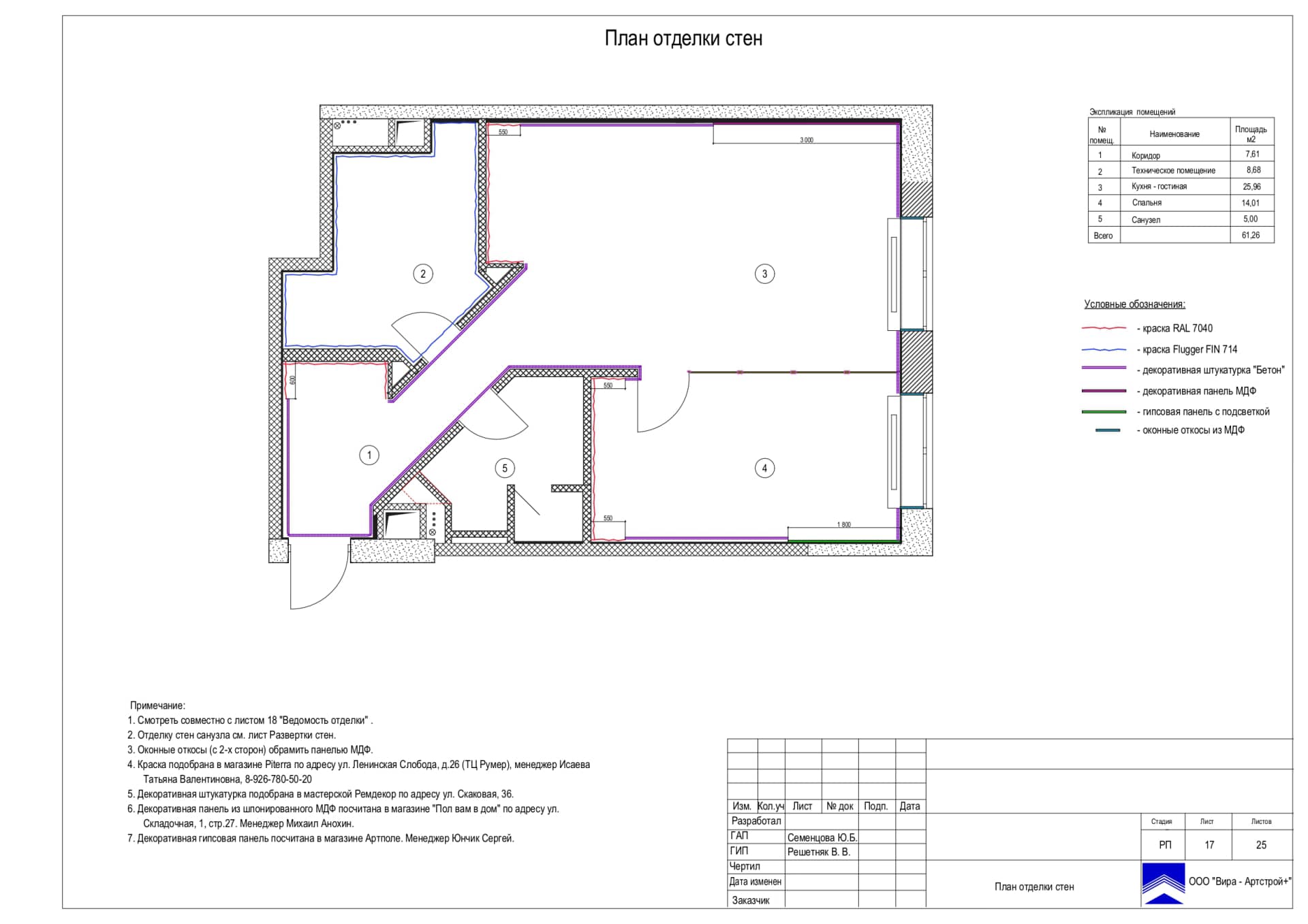 План отделки стен, квартира 62 м² в ЖК «Дом NV/9»