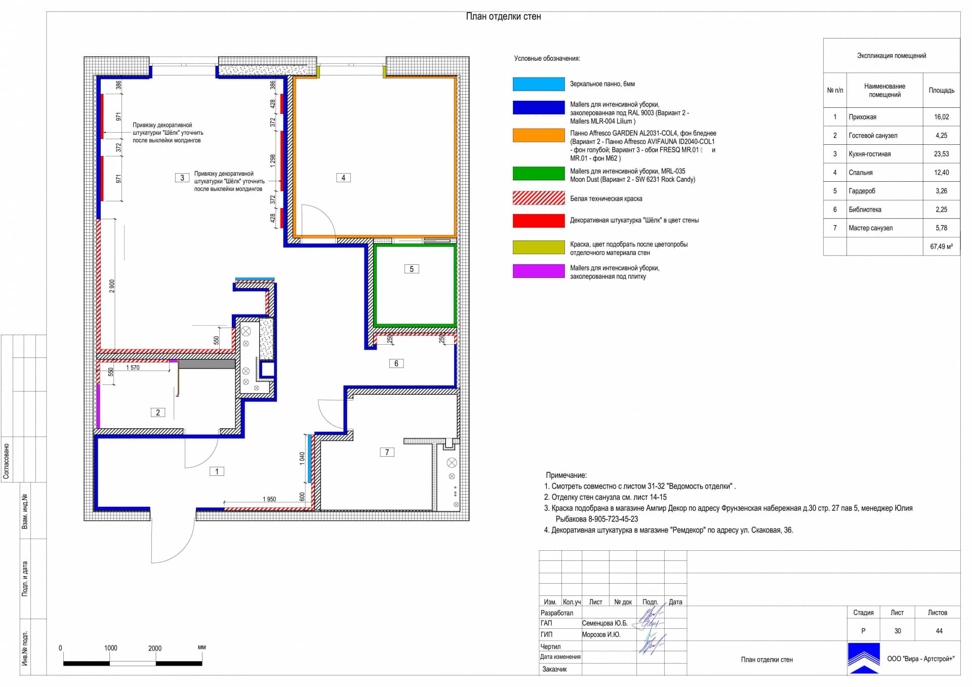 План отделки стен, квартира 67 м² в ЖК «Царёв Сад»