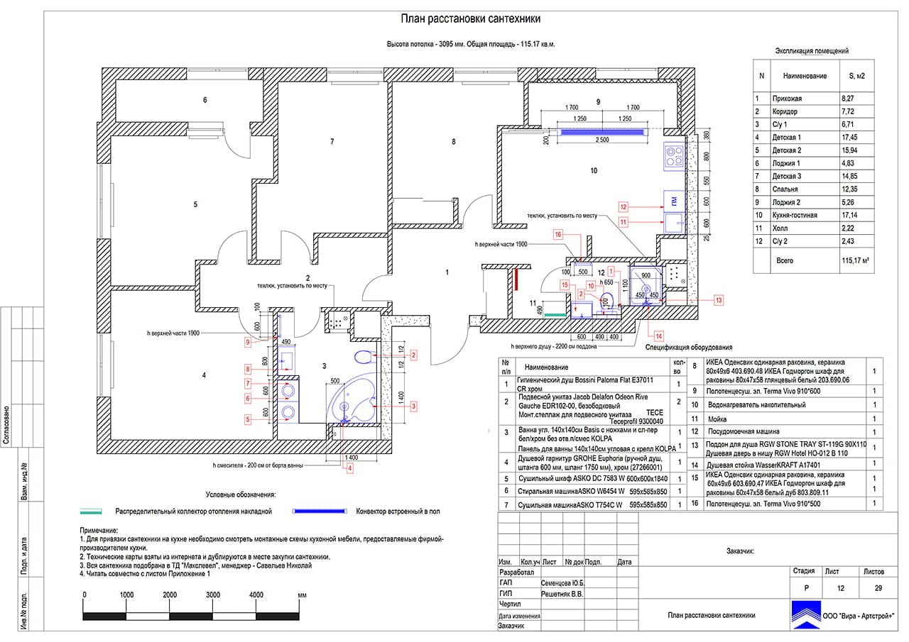 План расстановки сантехники, квартира 119 м² в ЖК «Родной Город»