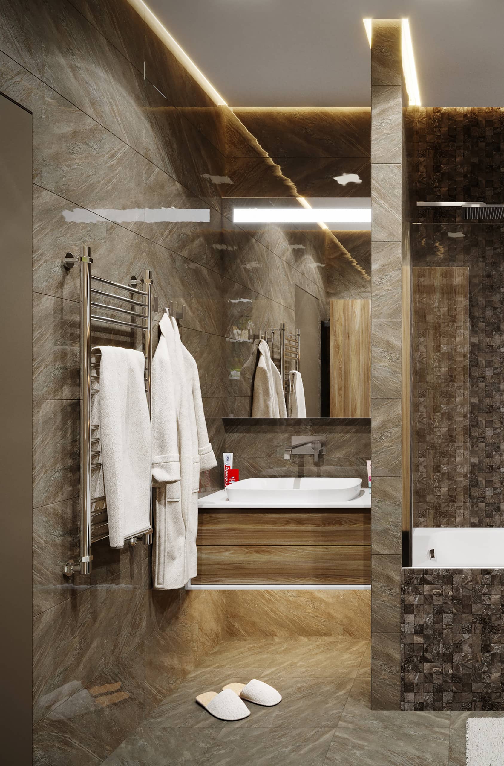 Плитка цвета тоффи в ванной комнате современного стиля