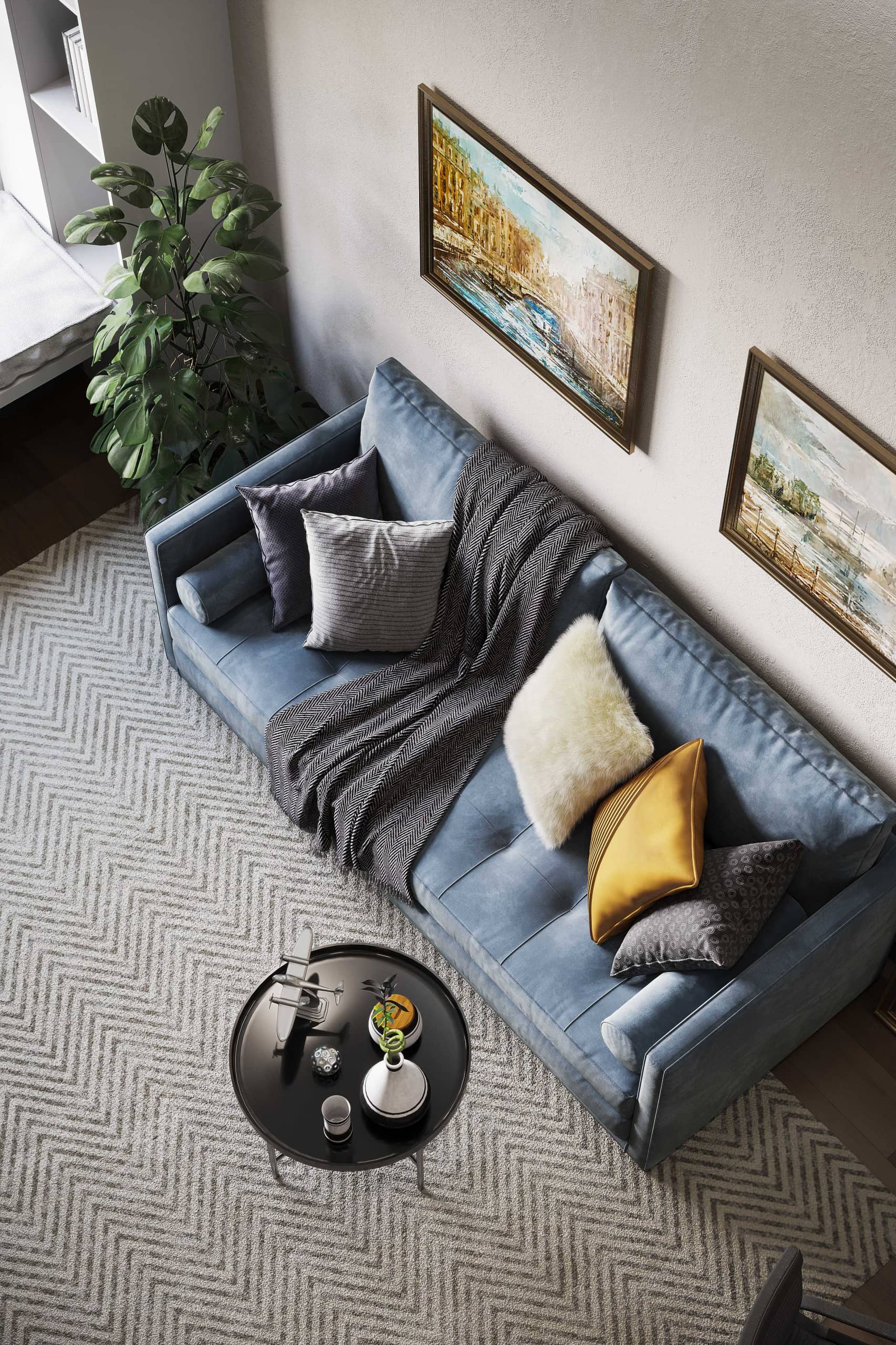 Компактный небесно-голубой диван со стильным кофейным столиком
